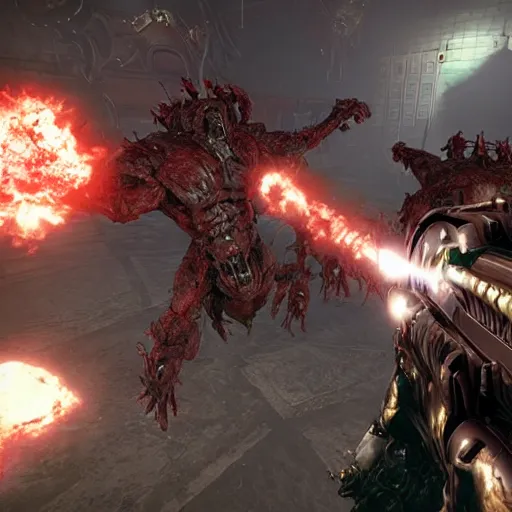 Prompt: doom eternal slayer walking on human bloody dead bodies, shooting with heavy bolt rifle towards demons
