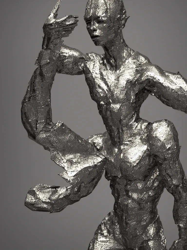 Image similar to a metallic sculpture by patrice hubert, powerful, cinematic, beautifully lit, 3 d, octane render, 8 k