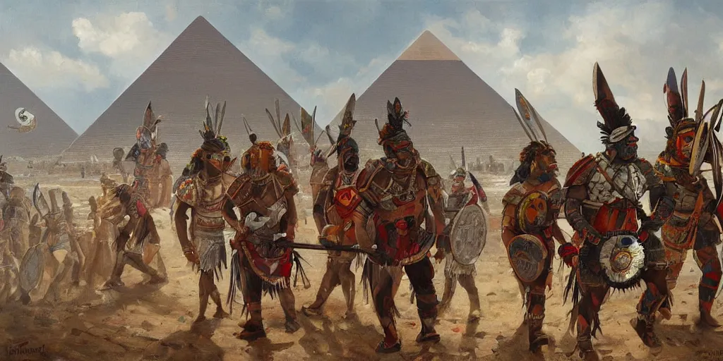 Image similar to simonetti rutkowski painting aztec warriors watching spaceship arriving to pyramid