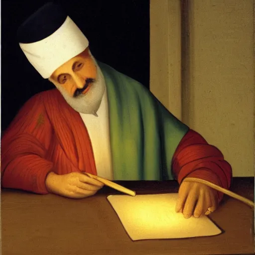 Image similar to maimonides writing by candlelight, in the style of a veggie tales cartoon