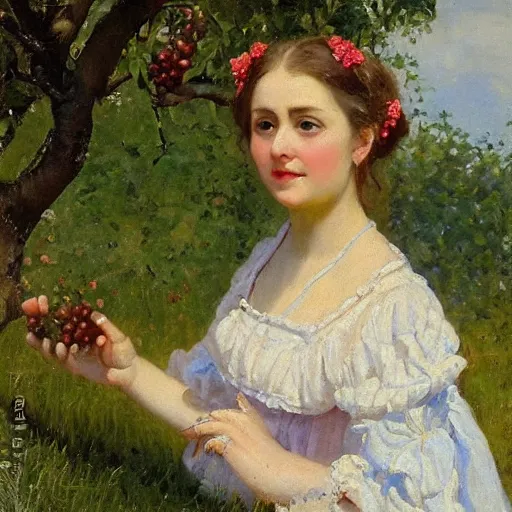 Image similar to portrait of a young woman outside in an orchard, painted by nikolay makovsky, detailed