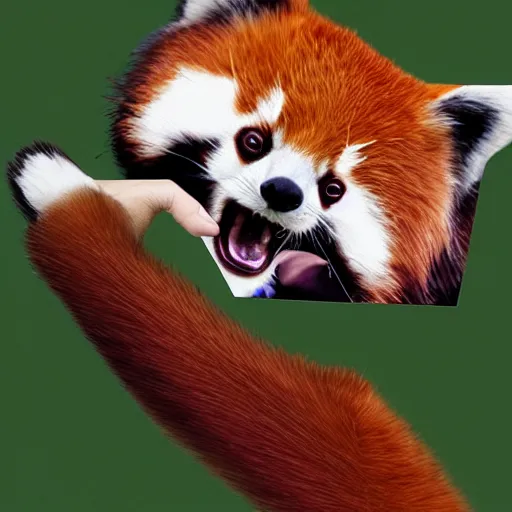 Prompt: friendly red panda waving hand at viewer, photorealistic, artstation