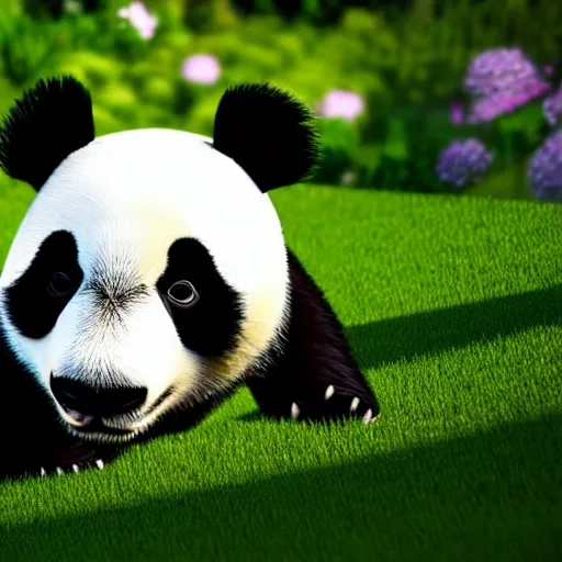 Image similar to a panda lawnmowing in his garden, cinematic, ray traced, octane render, cinematic lighting, ultrarealistic, featured on artstation, 8 k uhd artwork