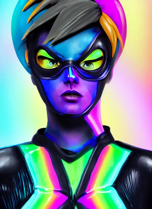 Image similar to full body abstract surreal weird digital drawing portrait of tracer overwatch, confident pose, full body, full body, wearing black jagged iridescent rainbow latex armor, rainbow, neon, 4 k, expressive surprised expression, makeup, wearing large rainbow neon choker, studio lighting, black latex, expressive detailed face and eyes,