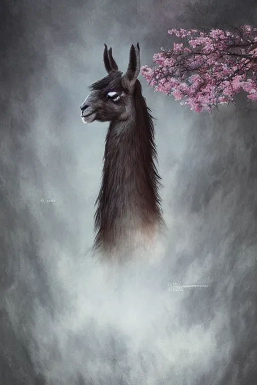 Image similar to Anthro Portrait of japanese llama, D&D, dark fantasy, anthro portrait, sakura blooming on background, intricate, elegant, llama portrait, highly detailed, digital painting, artstation, concept art, smooth, sharp focus, llama, illustration, art by artgerm and greg rutkowski and alphonse mucha, daily deviation, very very llama