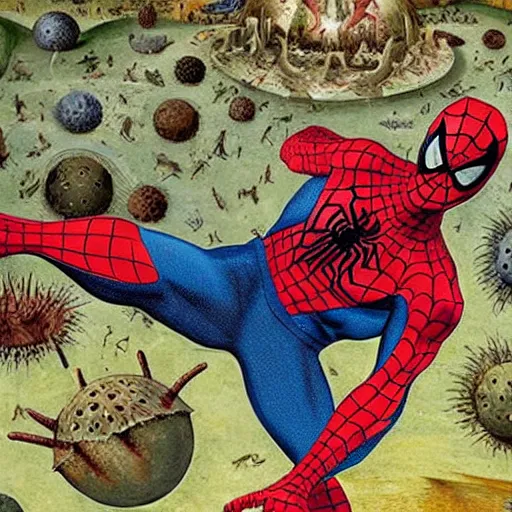 Image similar to spider - man in the garden of earthly delights by bosch.