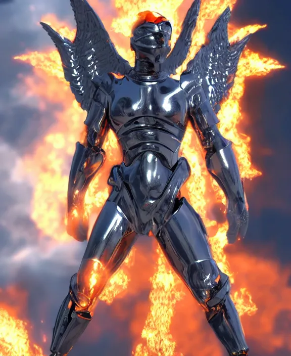 Image similar to stunning concept art of a fiery angel in a silver futuristic battle suit, 4 k resolution, unreal engine render
