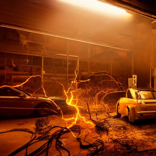 Image similar to overcharging toaster oven, tangles of metallic cables, dark messy smoke - filled cluttered workshop, dark, dramatic lighting, orange tint, sparks, plasma charges, cinematic, highly detailed, sci - fi, futuristic, movie still