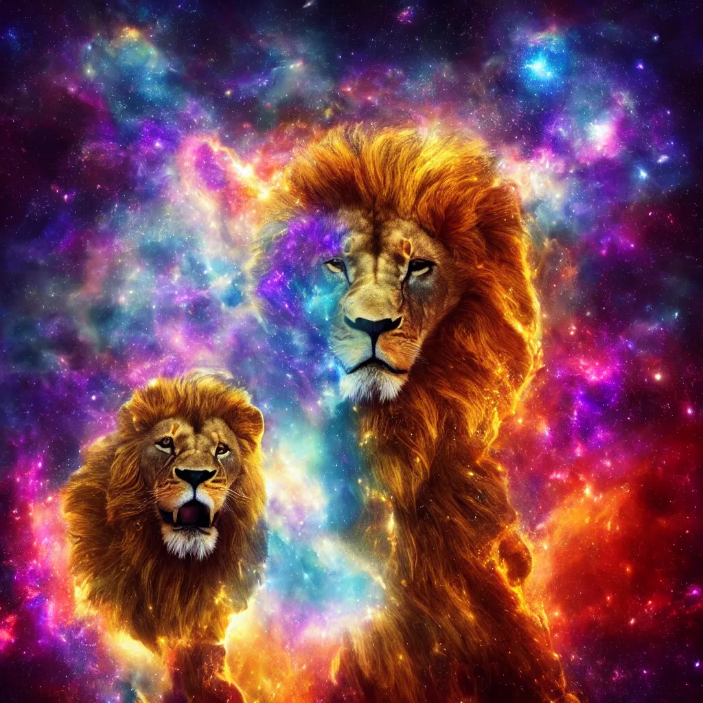 Image similar to lion 🦁 in a galaxy made of stars, space, nebulas stars Dmt Psychedelic cosmos, cosmic, Hallucination, night sky; 8k, artstation, unreal engine, octane render, hdr, surrealistic, hyperrealism, glow, photorealistic, volumetric lighting, Dreamy, dynamic, mystical