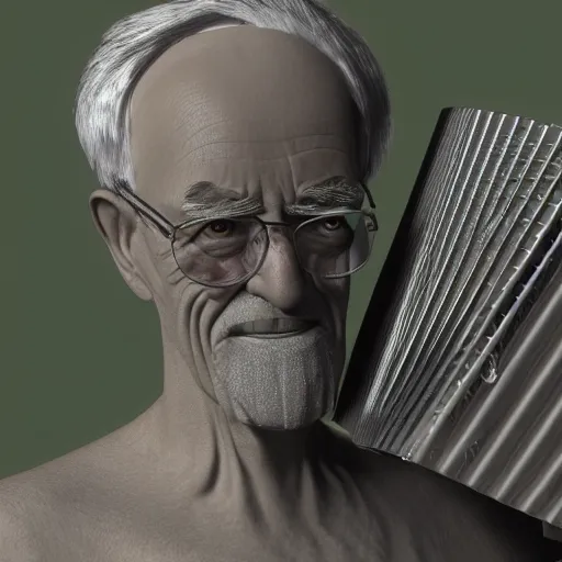 Image similar to an old man wearing a cylinder, he has an accordion neck and a very hunched back, 4K 3D render, stylized