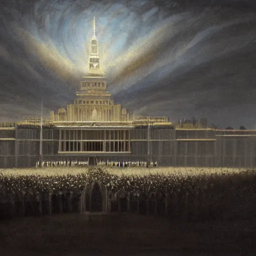 Image similar to australian parlament in the style of john martin, epic, volumetric, dark lighting, painting