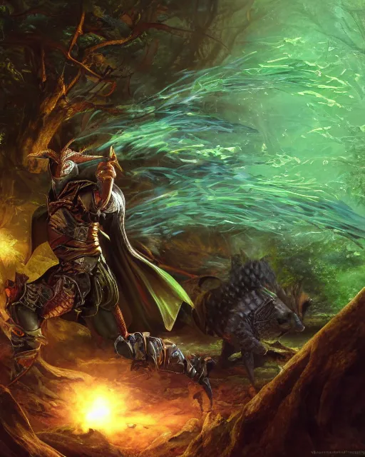 Prompt: Armadillo warrior, green cape , forest background, magic the gathering artwork, D&D, fantasy, cinematic lighting, centered, symmetrical, highly detailed, digital painting, artstation, concept art, smooth, sharp focus, illustration, volumetric lighting, epic Composition, 8k, art by Akihiko Yoshida and Greg Rutkowski and Craig Mullins, oil painting, cgsociety