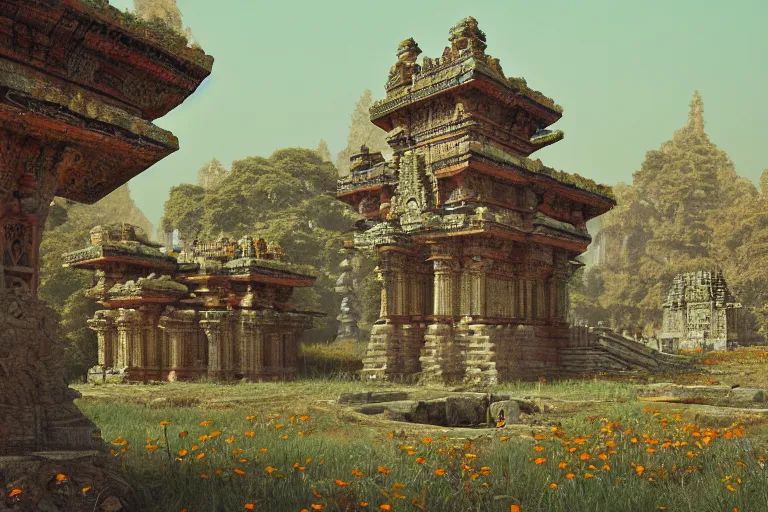 Prompt: photography of a beautiful archipelago of never seen before stunning ancient indian temple and palaces. complex intricate pilars patern, runes. trees water and flowers. afternoon light, inspiring science fiction, intricate, elegant, uplifting, inspirational, unreal engine 5, highly detailed by beksinski