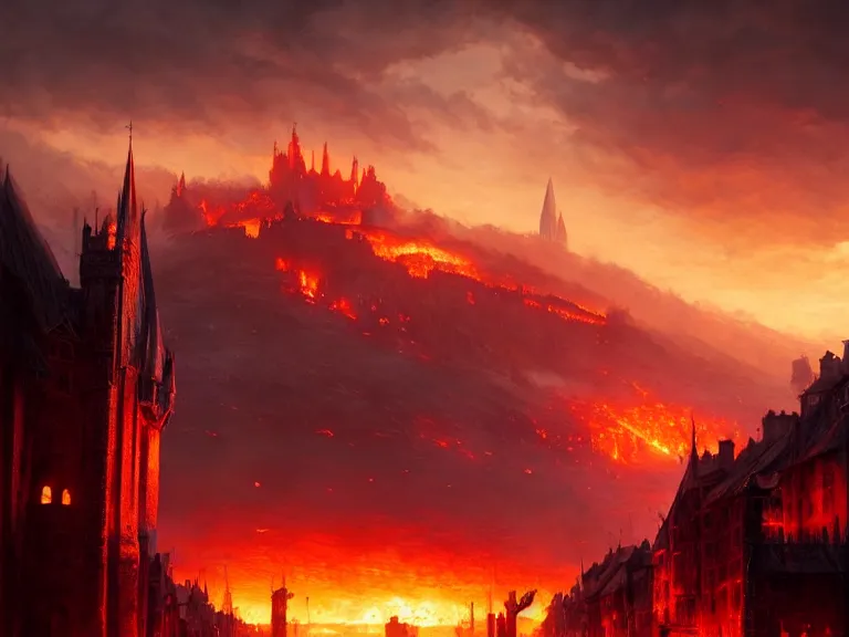 Image similar to medieval cities on fire, lord of the rings, game of thrones, unreal 5, cinematic, 8 k, unreal engine, beautiful, smoothly, sunset, concept art, artstation, by wlop, by greg rutkowski, oil painting