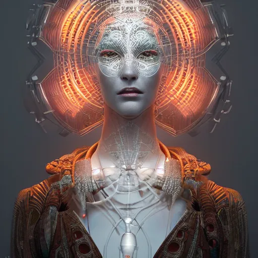 Prompt: portrait of an absurdly beautiful, graceful, sophisticated, fashionable cyberpunk mechanoid, hyperdetailed illustration by irakli nadar and alexandre ferra, intricate linework, white porcelain skin, faberge, coral headdress, unreal engine 5 highly rendered, global illumination, radiant light, detailed and intricate environment - 6