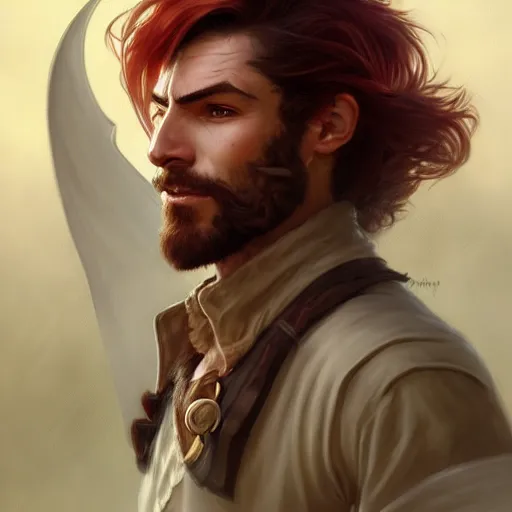 Image similar to portrait of a young ruggedly handsome but optimistic pirate, male, masculine, upper body, red hair, long hair, d & d, fantasy, intricate, elegant, highly detailed, digital painting, artstation, concept art, matte, sharp focus, illustration, art by artgerm and greg rutkowski and alphonse mucha