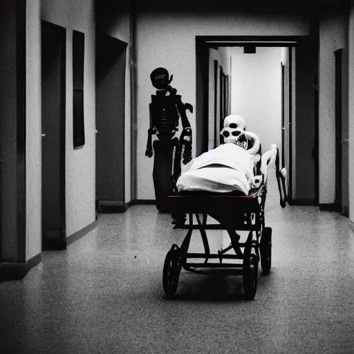 Image similar to a skeleton is wheeled by. to go to hospital. cinematic 3 5 mm