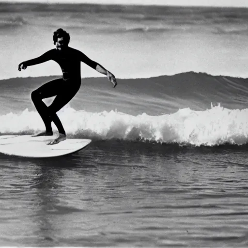 Image similar to 1960s photo of a surfer playing guitar on the waves