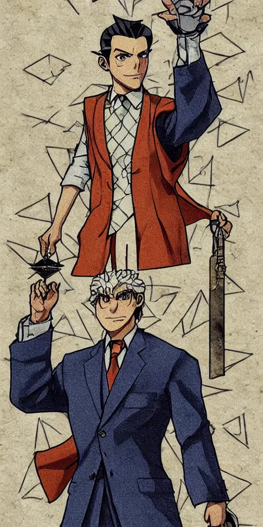 Image similar to the judge from Ace Attorney with a beam scale in one hand. Tarot card Justice, impressive art, detailed, singe subject