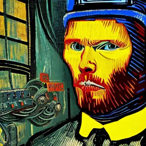 Image similar to Illustrated by Shepard Fairey and H.R. Geiger | Cyberpunk VAn Gogh with VR helmet, surrounded by cables