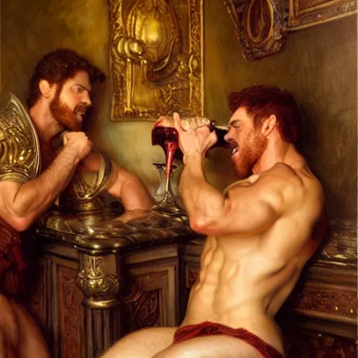 Prompt: attractive muscular mike with ginger hair with muscular attractive tyler with brunet hair, drinking their hearts out, in their noble mansion. highly detailed painting by gaston bussiere, craig mullins, j. c. leyendecker 8 k