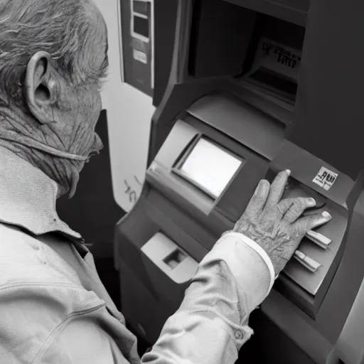 Prompt: B&W photo of an old man looking for help as his hand is stuck in an ATM