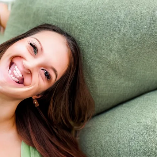 Image similar to a cute young woman smiling, long shiny bronze brown hair, full round face, green eyes, medium skin tone, light cute freckles, smiling softly, wearing casual clothing, relaxing on a modern couch, interior lighting, cozy living room background, medium shot, mid-shot, soft focus