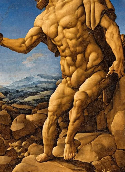 Prompt: the stone colossus placing a boulder, highly detailed, beautiful colors, renaissance mural, golden ration, in the style of sandro boticceli