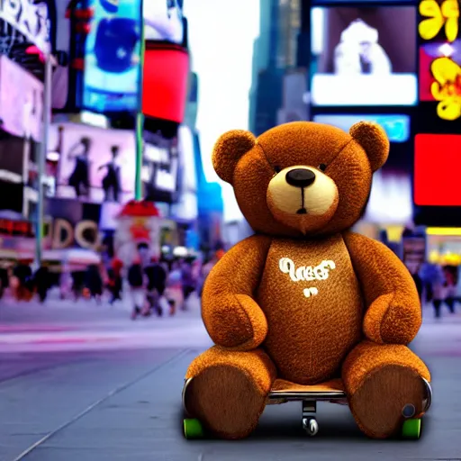 Image similar to teddy bear riding skateboard in times Square, photorealistic, 4k, high definition