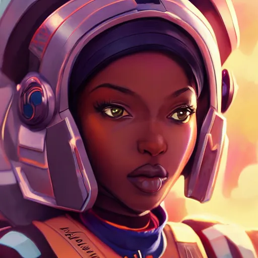 Image similar to portrait cartoon manga anime render of a strikingly gorgeous nigerian 👩🏿, wearing an intricate gundam pilot helmet, rossdraws, artgerm, norman rockwell, emiliano ponzi, epic composition, hd, octane, unreal engine, volumetric lighting, light rays, masterpiece, award - winning