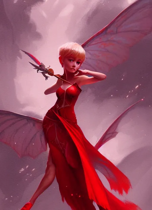 Image similar to Full-body illustration of tiny pixie, D&D fantasy, wearing a red dress, intricate, highly detailed, digital painting, artstation, concept art, sharp focus, illustration, art by greg rutkowski and Ross Tran