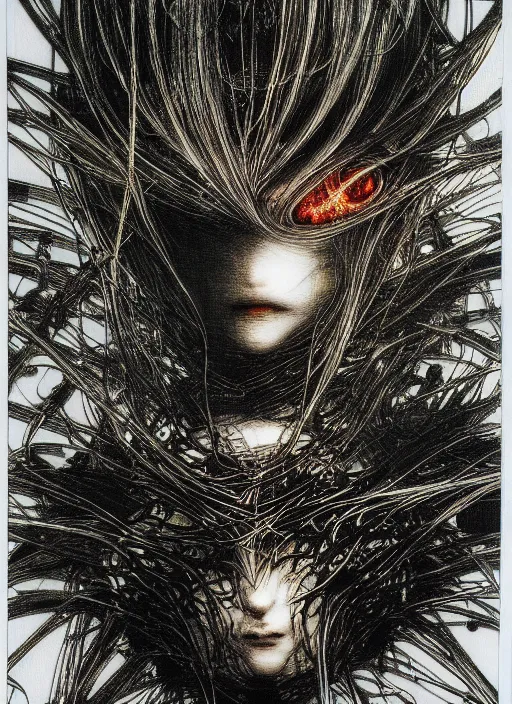 Image similar to portrait of yoshitaka amano's neural nightmare, stark composition