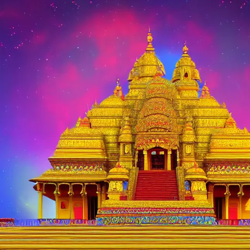 Prompt: a big indian temple made of glowing gold, cosmic, surreal, very colorful, vibrant, photorealistic, matte painting, 8 k,