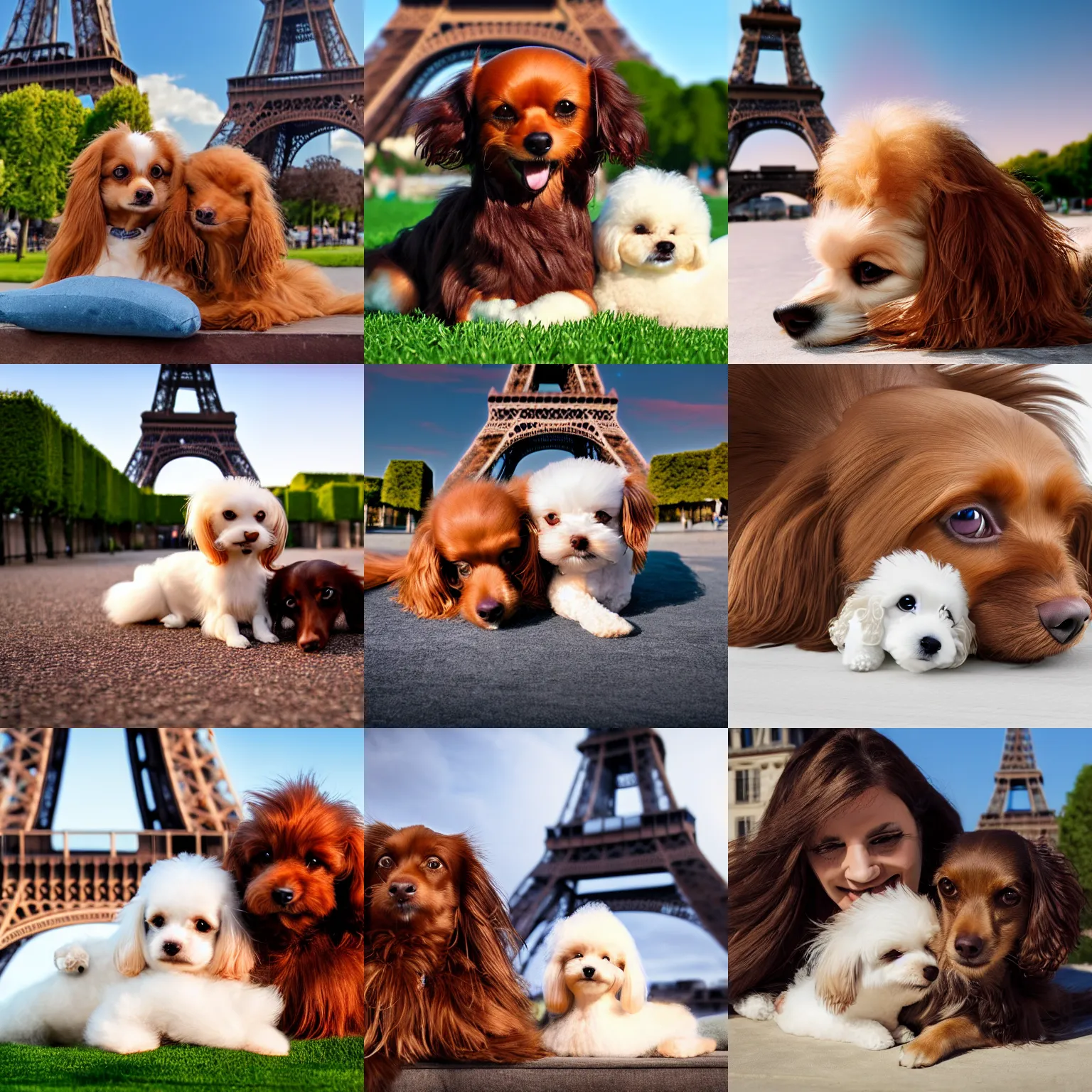 Prompt: a photorealistic closeup image of a cute brown colored long haired chihuahua cocker spaniel dog laying with an adorable smiling white bichon frise dog in paris in front of the eiffel tower. brightly lit. extreme detail. 4 k hd unreal engine