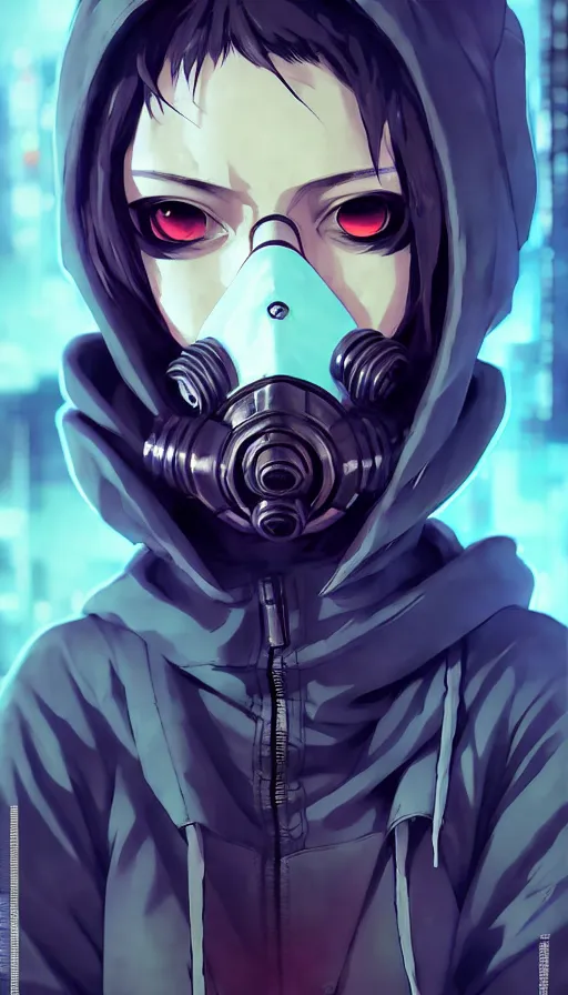 Image similar to cyberpunk anime girl in hoodie, cyberpunk gas mask, 3 / 4 shot, street night, grafity, beautiful face, grafity, arcane, action, tokyo street, detail, good face, pose model, concept art, in style of yoji shinkawa, pan ren wei, col price, atey ghailan, by greg rutkowski, aesthetic