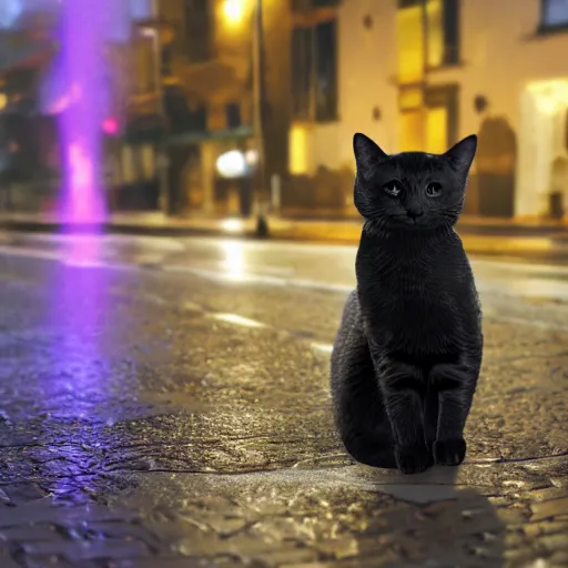 Image similar to Cat sitting on wet street corner with, glowing exclamation mark over its head, glowing exclamation mark over its head, high detail, 4k