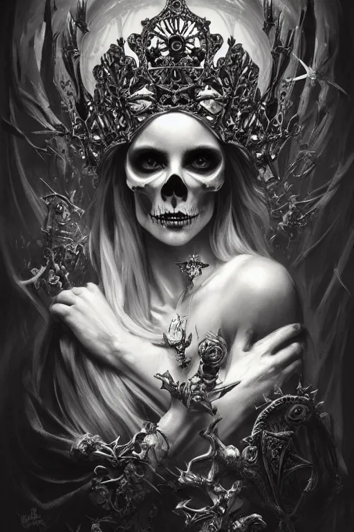 Image similar to skull queen with an origami crown, hints of silver jewelry, gothic, eerie, intricate detail, dramatic lighting, mist, grey, 4k, fantasy, intricate, very very beautiful, elegant, highly detailed, digital painting, artstation, concept art, smooth, sharp focus, illustration, art by artgerm and greg rutkowski and alphonse mucha