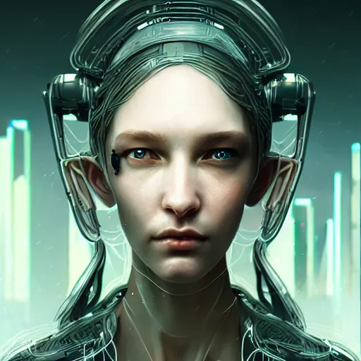 Image similar to cyberpunk robotic elvish queen, extremely detailed, hyperrealistic, intricate, soft light, fantasy, digital painting, art station, by wlop