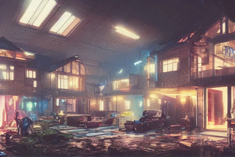 Image similar to cyberpunk, an estate agent listing photo of a 5 bedroom detached house in the countryside, by Paul Lehr, highly detailed, photorealistic, 8k, anamorphic, cinestill cinematrography