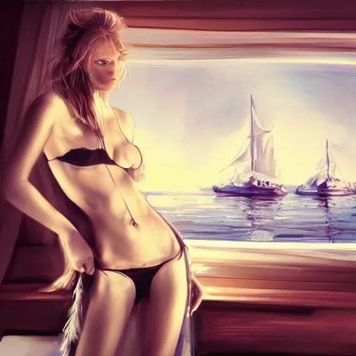 Prompt: beautiful russian models on a yacht, moody lighting, peaceful atmosphere, digital art, highly detailed, high contrast, beautiful lighting, award winning, trending on art station, 8 k,