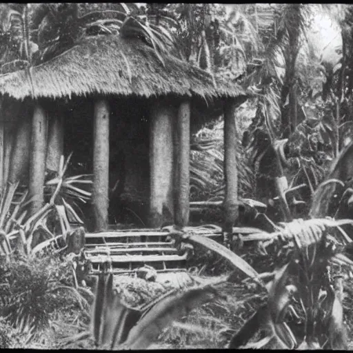 Image similar to lost film footage of a sacred ( ( ( ( ( ( indigenous ) ) ) ) ) ) artifact in the middle of the ( ( ( ( ( ( ( ( ( ( tropical jungle ) ) ) ) ) ) ) ) ) ) / ethnographic object / film still / cinematic / enhanced / 1 9 0 0 s / black and white / grain