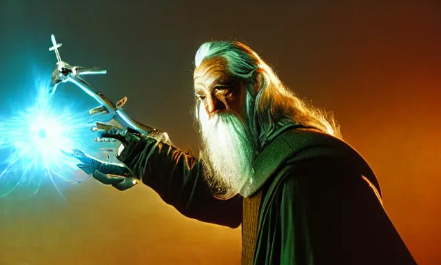 Prompt: cyber - gandalf with large robotic arm battling the balrog epic 3 5 mm photograph