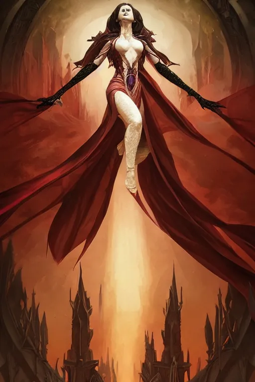 Image similar to beautiful vampire female queen, full body shot, ascending form the sky, hands reaching for her, d & d, fantasy, intricate, elegant, highly detailed, digital painting, artstation, concept art, matte, sharp focus, illustration, hearthstone, art by artgerm and greg rutkowski and alphonse mucha