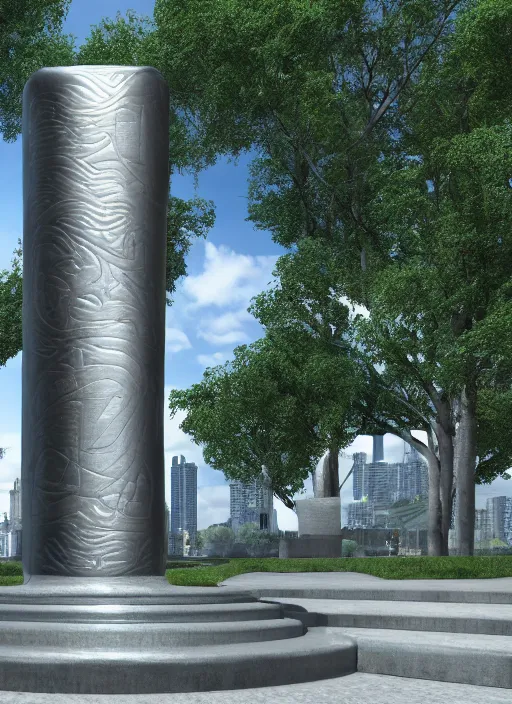 Prompt: highly detailed realistic architecture 3 d render of a futurisctic stele made from silver coins standing in a city park, archdaily, made in unreal engine 4 octane render