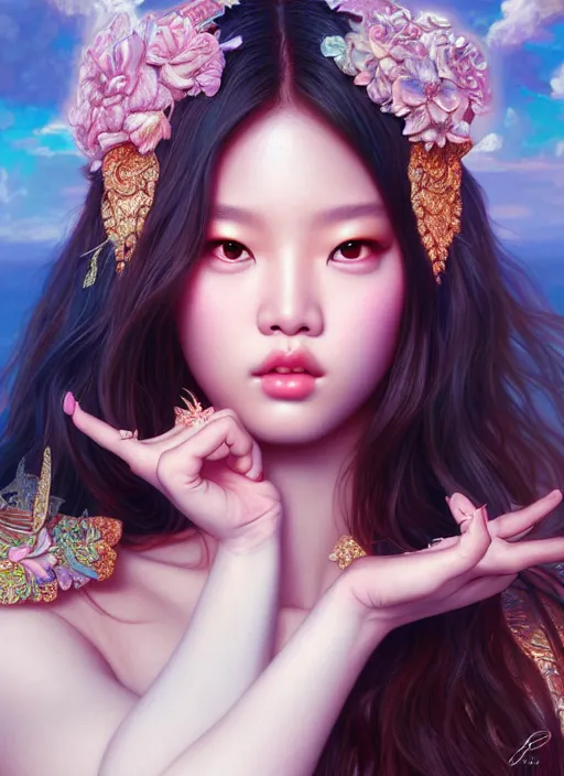 Image similar to jennie of blackpink, goddess of the moon, highly detailed, digital painting, smooth, sharp focus, illustration, ultra realistic, unreal engine, 8 k, art by artgerm and alphonse mucha