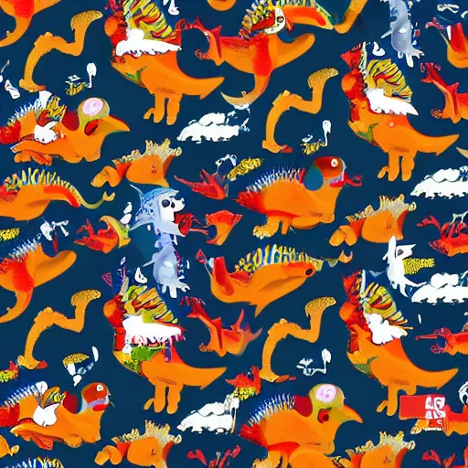 Image similar to a colourful dinosaur pattern with tyrannosaurus rex, spinosaurus, mosasaurus and velociraptor in the style of takashi murakami, anime, fine detail, digital art, high resolution