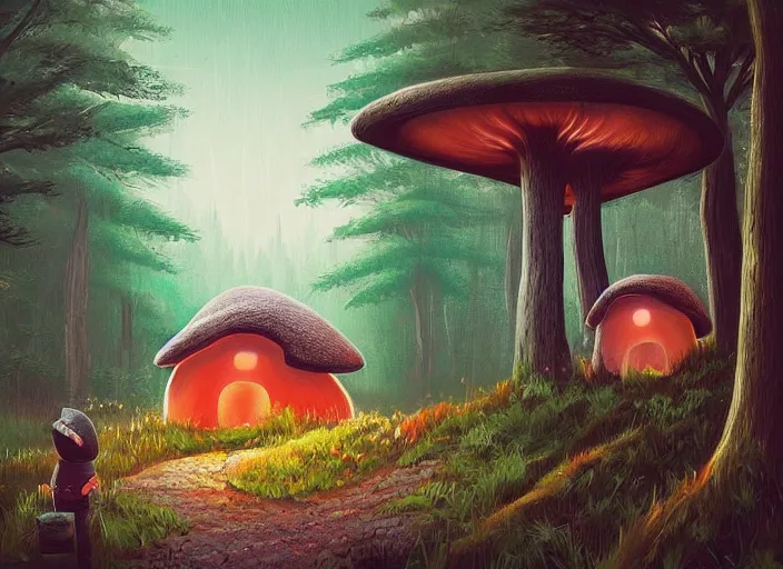 Image similar to Kanye West standing behind the window of his little mushroom house, magical forest, Alena Aenami