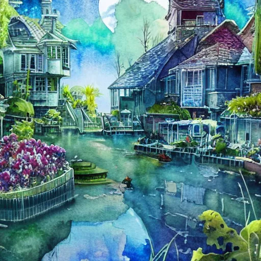 Image similar to Beautiful happy picturesque charming sci-fi town in harmony with nature. Beautiful light. Water and plants. Nice colour scheme, soft warm colour. Beautiful detailed watercolor by Lurid. (2022)