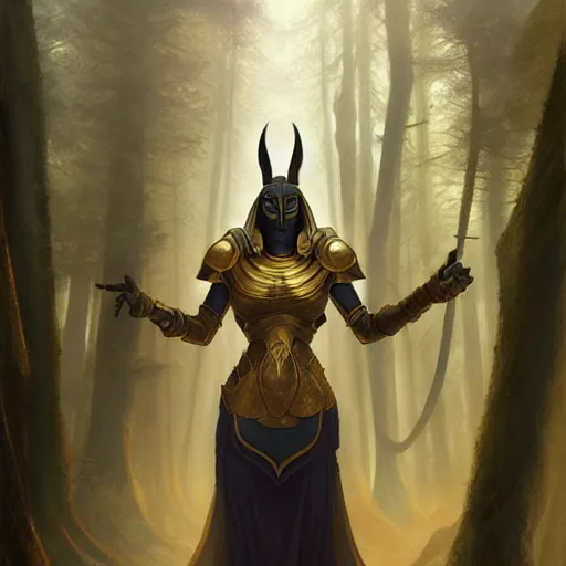 Image similar to long shot photo of anubis wear in golden heroic armour in the foggy forest, foggy bottom, highly detailed, digital painting, artstation, smooth, sharp focus, illustration, art by artgerm and greg rutkowski and alphonse mucha