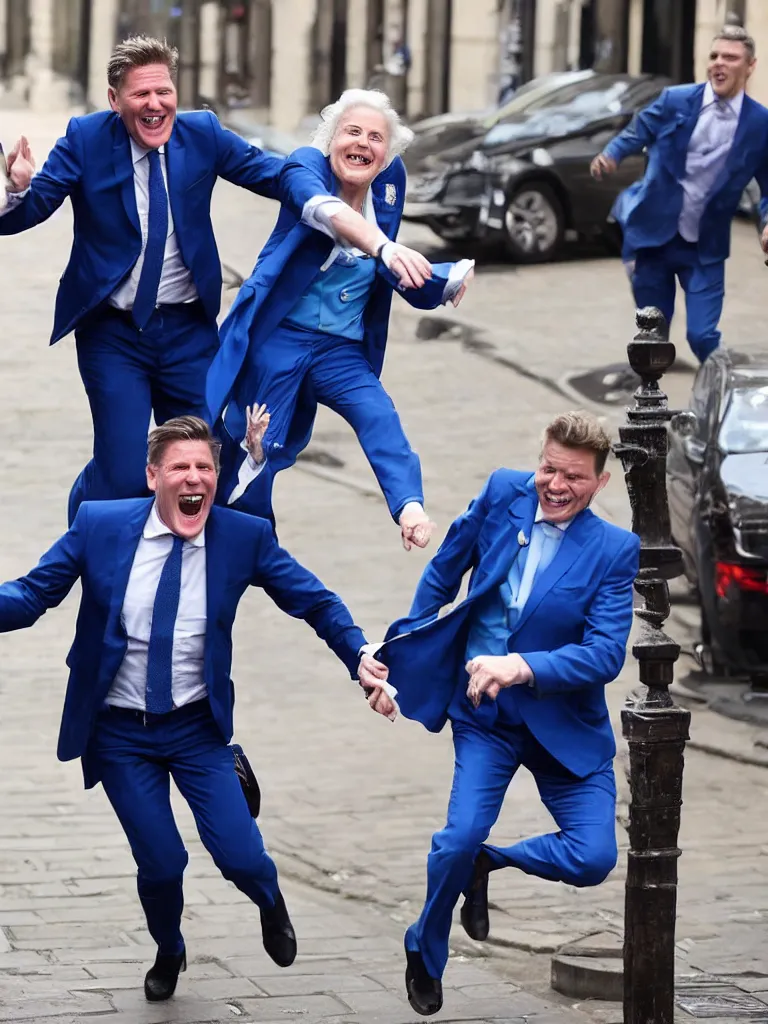 Prompt: Sir Kier Starmer wearing a blue suit laughing as he chases an old lady who is crying